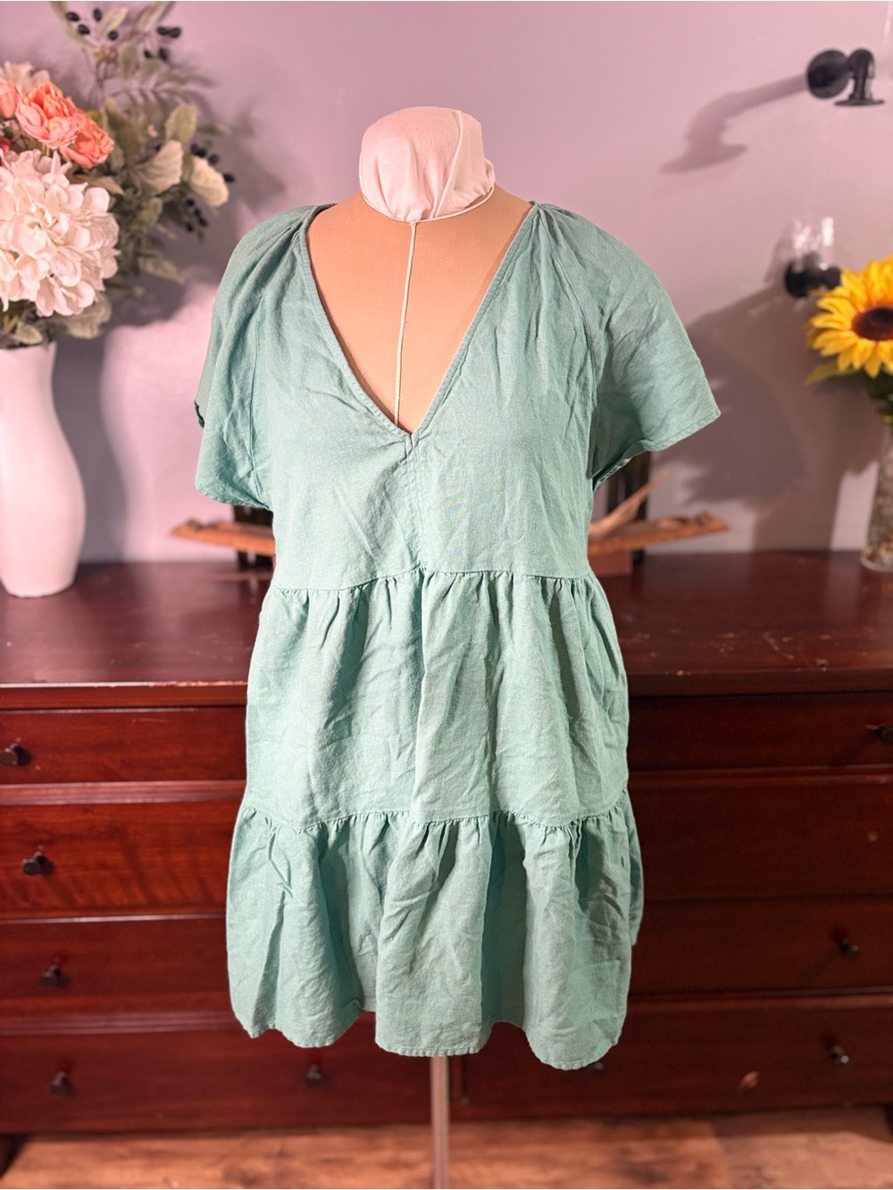 Universal Thread Mint Green Tiered V-Neck Short Sleeve Dress